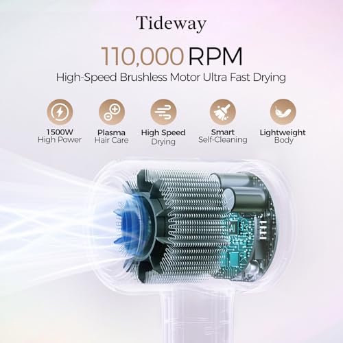 Tideway Hair Dryer Professional High-Speed Ionic Blow Dryer 110,000 RPM, Compact Hair Dryer with Magnetic Diffuser, Fast Drying with Brushless Motor Low Noise Smart Temperature Control-H11 - color: Gold