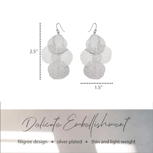 Bohemian Boho Filigree Leaf Chandelier Dangle Earrings for Women – Handcrafted Delicate – 14K Gold Plated – Lightweight - style: Silver - 3 Layered Circle Leaf Chandelier