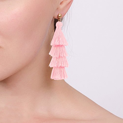BaubleStar Tassel Earrings Handmade Tiered Thread Tassel Dangle Earrings, Multi Colors - color: Pink