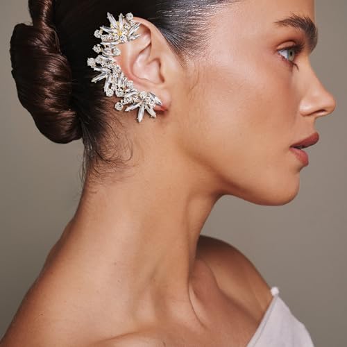Rhinestone Silver Full Ear Cuff Earrings for Women Ear Clip Wrap Statement Climber Crawler Earrings for Women Hypoallergenic Silver Wedding Jewelry Gifts - color: Gold-Full