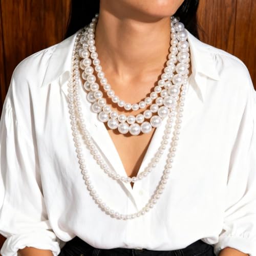 Layered Pearl Necklaces for Women Big Pearl Long Chain Necklace Dainty Faux Pearl Necklaces Statement Sweater Strand Chain Jewelry - style: SetC