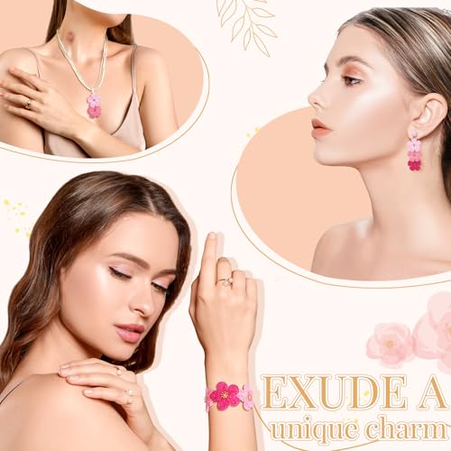 Tondiamo 3 Pcs Raffia Jewelry Set for Women Boho Daisy Flower Necklace, Open Cuff Bracelet, Earrings, Gift for Mom - color: Pink
