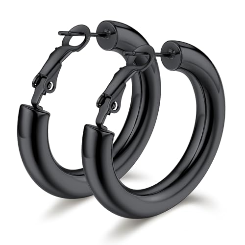 Bestyle 5mm Thick Gold Hoop Earrings Hypoallergenic Hoops for Sensitive Ears Trendy Lightweight Chunky Earrings for Women 30/40/60/80mm - color: 01-Black, size: 30mm