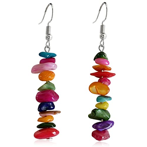 Handmade Bohemian Vintage Silver Nature Stone Beads Long Dangle Drop Earrings for Women - color: Colorful