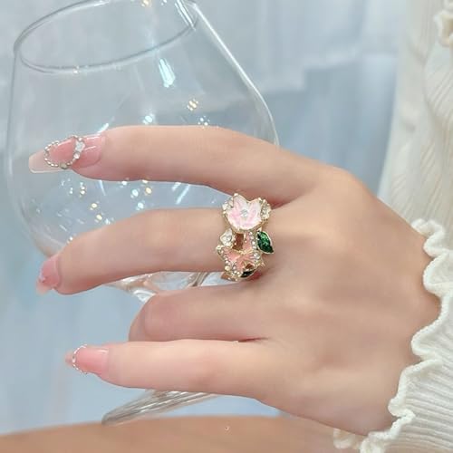 Butterfly Flower Ring for Women Enamel Flower Butterfly Finger Ring with Adjustable Opening Pink Ring Sparkling Fashion Flower Ring Christmas Birthday Party Prom Clothing Jewelry - color: Rose Gold