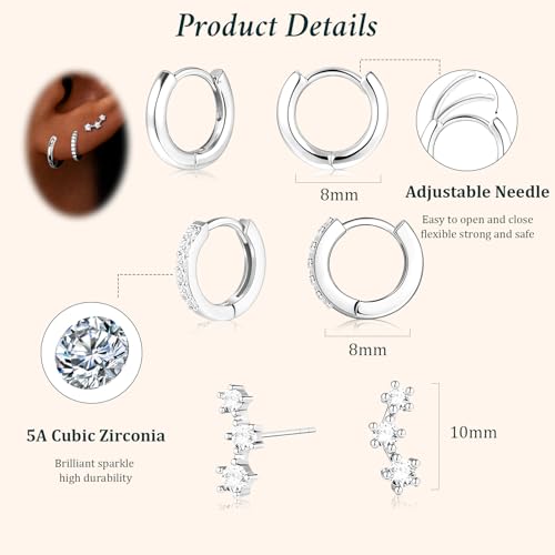 Poxtex Small Sterling Silver Huggie Hoop Earrings Set for Women, Hypoallergenic 14K Gold Plated Hoops Stacks for Multiple Piercings, Dainty Cute Mini Lightweight Cartilage Studs Trendy Jewelry Gift - color: Silver-climber