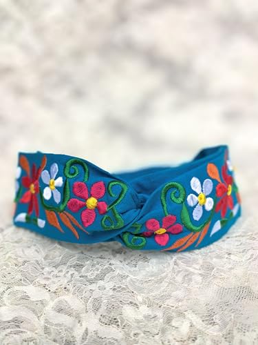 FANFAN Blue Floral Embroidered Boho Braided Elastic Headband Beach Wedding Party Hair Accessory E9 - color: Blue
