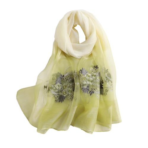 WINCESS YU Women Mulberry Silk Scarf Long & Large Embroidered Floral Pattern Shawl and Wraps Neckerchief for Hair & Neck - color: Gradient Light Green