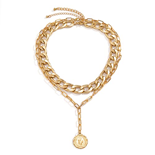 JWICOS Gold Boho Cuban Chunky Necklace Layered Dainty Paperclip with Coin Pendant Choker Chain for Women (Gold) - color: Gold