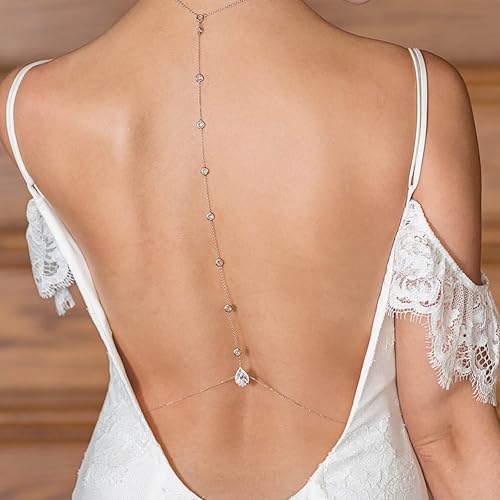 Wedding Back Necklace for Backless Dress Gold Silver Cz Bridal Backdrop Necklace Choker Rhinestone Teardrop Brides Back Body Chain Sparkly Crystal Diamond Long Drop Y Lariat Pendant Bridesmaid Women - color: Silver