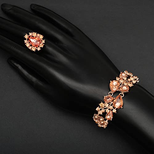 CSY 4 Pcs/Set Austrian Crystal Necklace Earrings Bracelet Ring Bridal Jewelry Sets for Brides Wedding Party Costume Accessories Gifts for Women - color: 02-rose gold-peach
