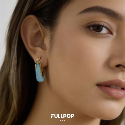 Fullpop Vintage Earrings for Women, Chunky 14K Gold Plated Resin Hoop Earrings Lightweight Hollow Drop Earrings Hypoallergenic Earrings for Women Vintage Anthropologie Jewelry Gifts for Women - size: V Shape Blue