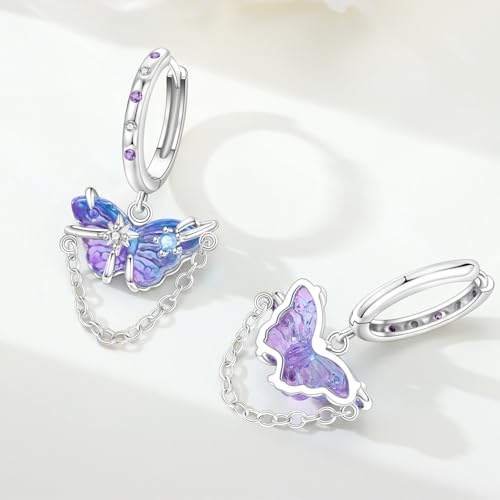 925 Sterling Silver Dangle Earrings for Women, Butterfly&Bee Animals Design, Hypoallergenic Jewelry gifts - color: Purple butterfly earrings