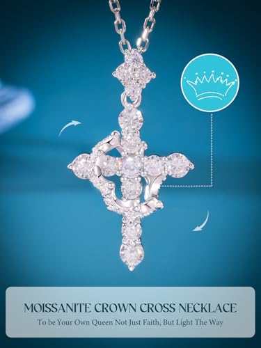 YIMERAIRE Upgraded Moissanite Crown Cross Necklace 14K Gold Vermeil 1.1 Carats Dainty Iced Out Easter Basket Stuffer Cross Jewelry S925 Sterling Silver Simple Gold Christian Faith Moissanite Cross Pendant Necklace For Women - color: 925 Silver