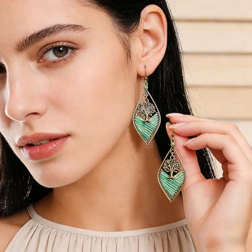 4 Pairs Vintage Boho Earrings for Women Green Bohemian Geometric Tassel Leaf Dangle Earrings Jewelry Accessories Gifts for Beach Festival & Everyday Wear - color: Green A