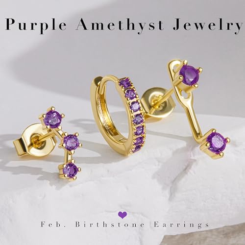 3 Pairs Dainty Small 4th of July Earrings for Women Trendy, Birthstone Stud Huggie Hoop Jacket Stack for Cartilage Helix, Gold Plated Hypoallergenic Cute Women Fashion Accessories Western Jewelry Gifts - color: 02Purple Created Amethyst-Feb (Gold)