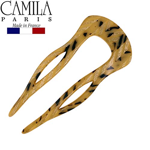 Camila Paris CP2502 French Twist Stick Clip Pins, Handmade, Victory Beige, Girls Hair Pin U-Shaped Hair Fork for Girls Spiral Updo Chignon Bun Holder, Styling Hair Accessories for Women Made in France - color: 2-Prong Victory Beige
