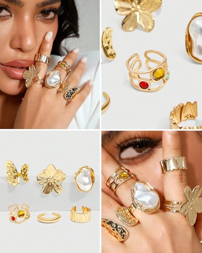 YEEZII 20 Pcs Gold Ring Set for Women, Chunky Statement Flower Finger Midi Rings, Big Boho Stacking Rings Pack Trendy Stuff Jewelry Gift - color: Gold-A-20Pcs