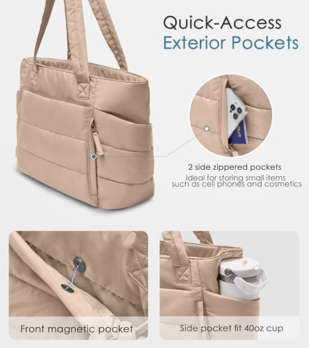Tote Bag for Women with Zipper, Quilted Puffer Tote Bag with Compartments, Lightweight Puffy Work Bags for Women Travel - color: Light Khaki