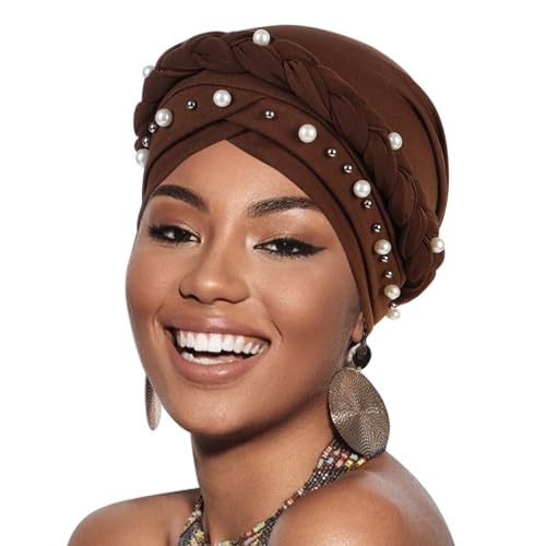 African Women Turban Caps Pre-Tied Twisted Turbans Head Scarf for Women Hair Wraps Cover Beanie Cancer Chemo Headwear - color: 1 Pack Twisted Braid A: Pearls Coffee