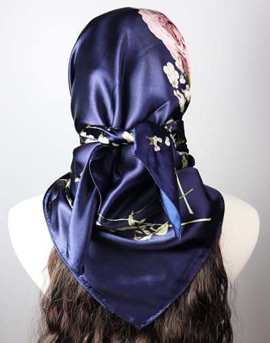 vabovin Satin Head Scarf for Women Silk Like Hair Scarf, 35 x 35 in | Silk Feel Fabric, Hair Wrap for Sleeping, Headscarf and Neck Scarf, Square Bandana Style, Fashion Accessory - color: 020 Navy Blue Peony