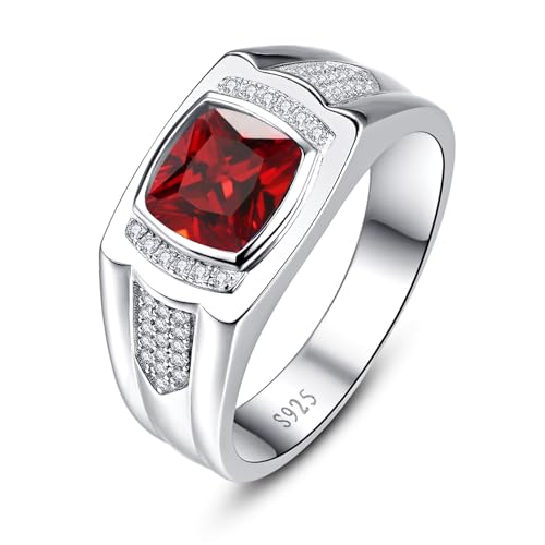 Yaresul 8 * 8mm 2.85CT 925 Sterling Silver Mens Gemstone Ring Princess Cut Created Black Onyx|Sapphire|Emerald|Ruby Mens Wedding Band Engagement Ring Pave CZ W/AAA Size 6-13 - color: Created Ruby