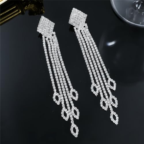 Rhinestone Tassel Earrings Sparkly Long Fringe Crystal Chandelier Dangle Drop Earrings Wedding Party Prom Earrings Premium Iridescent Earrings Wedding Party Jewelry Gifts for Women - color: Silver2