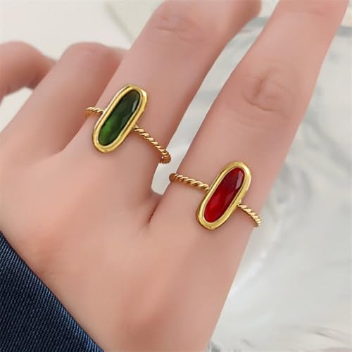 18K Gold Plated Adjustable Twisted Rings for Women Non Tarnish Oval Czech Glass Stone Stainless Steel Statement Rings Open Gemstone Boho Stackable Band Jewelry - color: Red