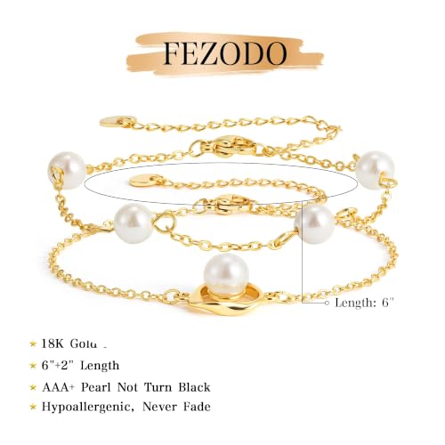 Pearl Bracelets for Women, Dainty 18K Gold Plated Pearl Beaded Bracelet Stack Trendy Thin Link Chain Charm Bracelets Set, Wedding Bridesmaid Mother Gifts Jewelry for Women