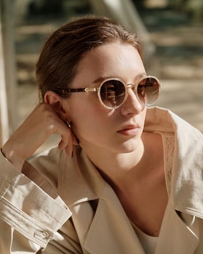 CARFIA Retro Round Sunglasses for Women Polarized UV Protection, Durable Acetate-Metal Frame Designer Eyewear CA1951 - color: 2. White Brown Frame + Gradient Brown Lens