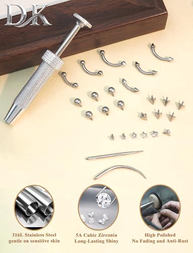 Eyebrow Piercing Jewelry Set with Tool, Surgical Steel Curved Barbell Kit with CZ, Spike & Ball Replacement Ends, Internal Thread 6mm/8mm/10mm Rook Daith Lip Rings for Women Men - color: 14G Silver