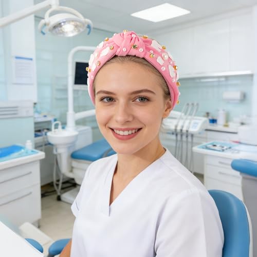 PANTIDE Dentist Jeweled Knotted Headband - Dental Hygienist Assistant Gift Teeth Rhinestone Embellished Headband Non Slip Wide Top Knot Hairband Hair Accessories Birthday Gift for Women Girls (Pink) - color: Pink Dentist