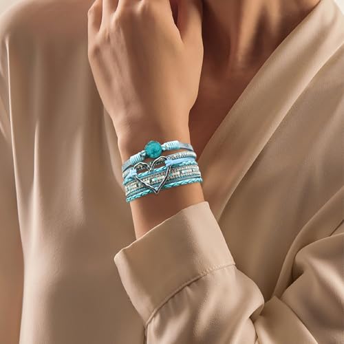 Leather Wrap Bracelet for Women, Boho Cuff Bracelet with Strong Clasp, Multi-Layer Crystal Leather Bracelet for Valentine Mother's Day - color: 01-Heart-Light Blue