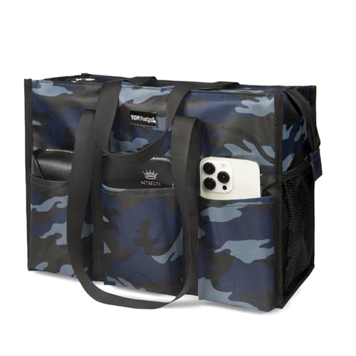 TOPDesign Utility Water Resistant Tote Bag with 13 Pockets, Top Zipper Closure & Thick Bottom Support, for Working Women - color: Blue Camouflage, size: Medium