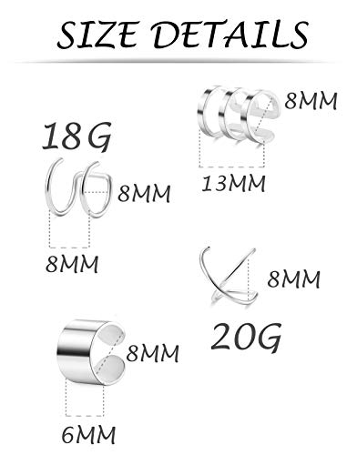 Tornito 4-10 Pairs Stainless Steel Ear Cuff Helix Cartilage Clip On Wrap Earrings Fake Nose Ring Non-Piercing Adjustable - color: A4: 4 Pairs, Silver Tone