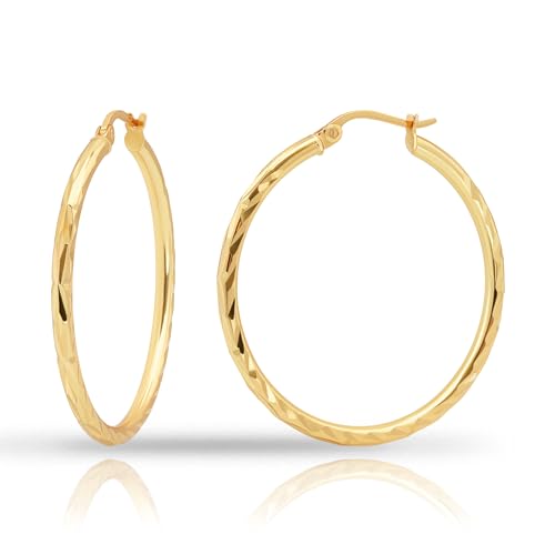 Hoops & Loops 925 Sterling Silver Diamond-Cut Hoop Earrings for Women, 2mm Textured Lightweight Click Top Hoops, 15mm 20mm 25mm 30mm, Silver 14k Yellow Gold & Rose Gold Flash Plated - color: Gold - 30mm (1.2'')