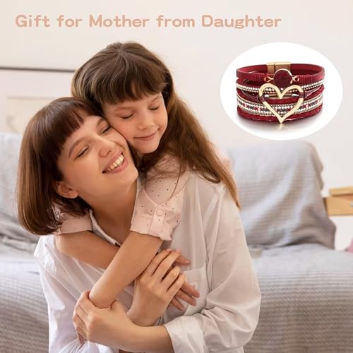 Long tiantian Leather Bracelets for Women Warp Bracelet Stackable Boho Layered Bracelet Chunky Heart Trendy Birthday Gifts for Her - color: B34:Fashion Bracelets for Women(Dark Red)