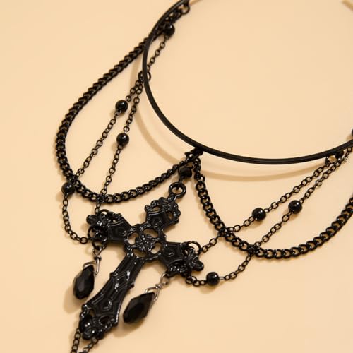 CJIAYUJEW Gothic Arm Cuff Punk Cross Cuff Bracelets Black Crystal Pendant Chain Multi-layer Open Arm Bracelet Summer Jewelry for Women - color: BlackA