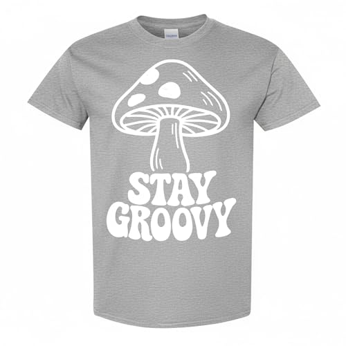 Stay Groovy Mushrooms T-Shirt– Retro Aesthetic Apparel – 100% Cotton Unisex Tee - color: Gray, size: X-Large