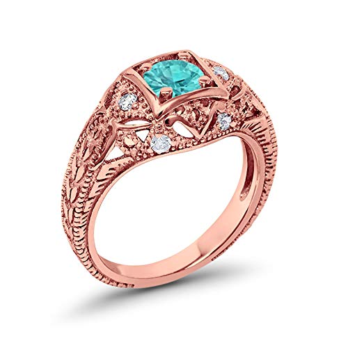 Blue Apple Co. Art Deco Ring Round Cubic Zirconia Leaf Filigree Design Split Shank Twisted Band Bridal Statement Wedding Engagement Rings For Women 925 Sterling Silver Gifts For Her - color: Rose Tone, Simulated Paraiba Tourmaline CZ