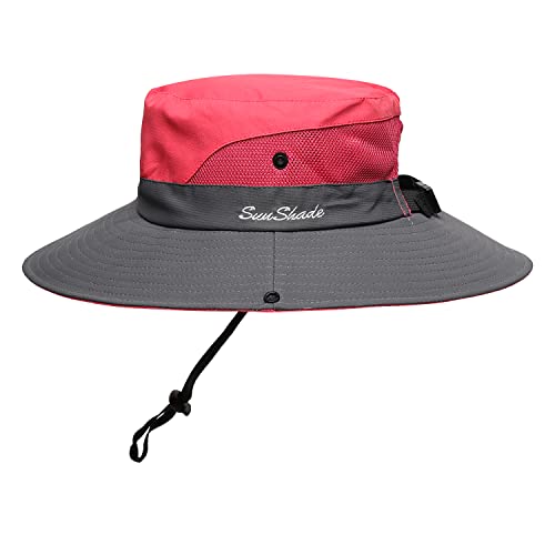 Womens Summer Sun Hat Beach Hat Wide Brim Outdoor UV Protection Hat Foldable Cool Mesh Ponytail Bucket Hat - color: Red-gray