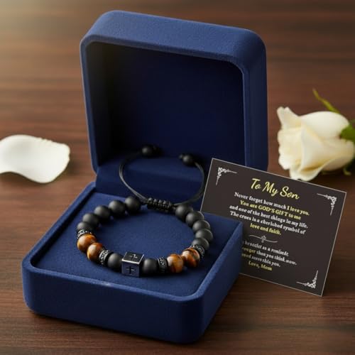 To My Son Bracelet from Mom/Dad Mother Son Bracelet Beads Love You Forever Engraved Bracelets Tiger Eye Protection Bracelets Sobriety Christmas Birthday Jewelry Gifts for Men - color: A:Cross-Son
