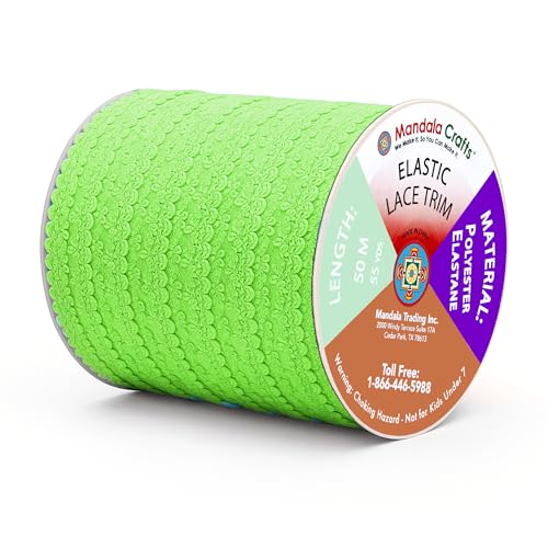 Mandala Crafts Lime Green Stretch Lace Soft Elastic Trim Roll - 55 Yards 1 Inch Wide Stretchy Frilly Picot Ribbon for Sewing Lingerie, Headbands, Underwear, and Crafts - color: Lime Green