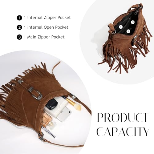 Fringe Hobo Purse for Women,Western Small Fringed Shoulder Bag Vegan Suede Hippie Crossbody Bag with Tassel - color: Coffee
