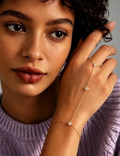 925 Sterling Silver Hand Chain Bracelet for Women,Non Tarnish 14k Gold Plated CZ Crystal Heart Starburst Ring Bracelets Hand Chain Dainty Diamond Layered Stackable Link Chain Beach Waterproof Graduation Wedding Gifts - color: GoldD