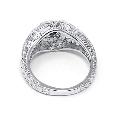 Blue Apple Co. Art Deco Ring Round Cubic Zirconia Leaf Filigree Design Split Shank Twisted Band Bridal Statement Wedding Engagement Rings For Women 925 Sterling Silver Gifts For Her - color: Simulated Black CZ