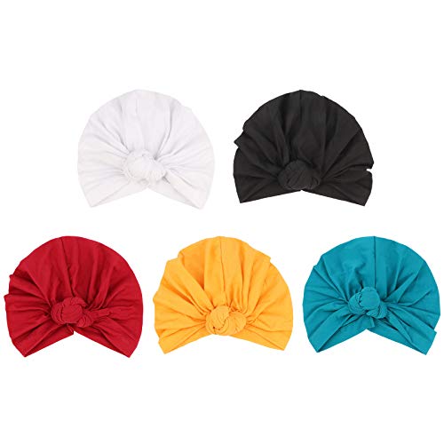 DRESHOW 5 Pack Knotted Headwraps for Women African Turban Pre-Knotted Beanie Headwraps Hair Covers - color: 5 Pack Knotted: Black, Russet, Mustarl, Teal, White