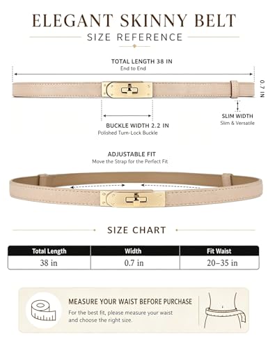 BEMYLV Skinny Belts for Women Dresses Turn-Lock Gold Buckle Adjustable Fashion Waist Belt for Pants Jeans Business Casual - color: Light Khaki