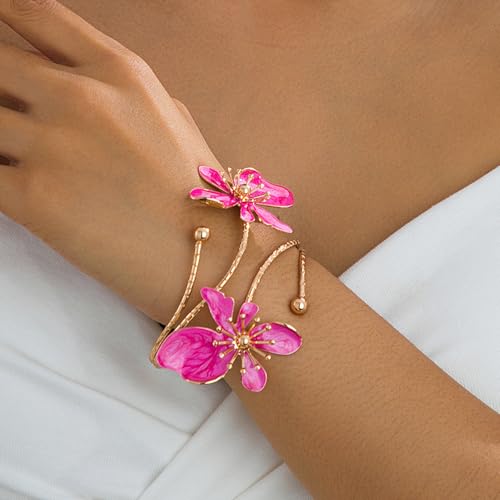 Flower Arm Cuff Bracelets for Women Adjustable Gold Upper ArmBand Jewelry Boho Floral Open Wrap Statement Bangle Bracelet Arm Cuff Jewelry Gifts for Women - color: Pink