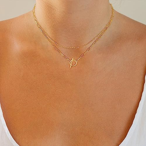 CHESKY Layered Necklaces for Women, 14K Gold Plated Chain Necklace Women Trendy Cuban Link Paperclip Chain Toggle Clasp Necklace Fashion Chunky Jewelry for Women - style: Paperclip Figaro-GD